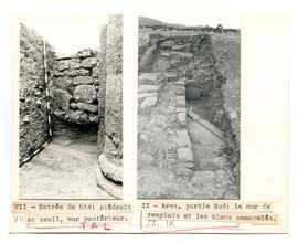 VII.- Entrée du b14 : piédroit et seuil, mur postérieur. / IX.- Area, partie Sud : le mur de remp...
