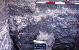 Terrasse Forum (S. T1)/Sondage angle NE (T1). Vue du mur ouest de l'escalier est d'accès aux temple.