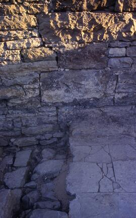 Salle D. Mur sud. Sol d'opus et restes de revêtement de stuc.