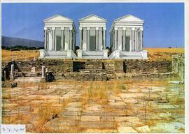 Collage de la restitution des temples sur photo du paysage réel.